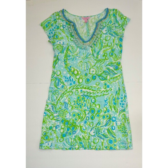 Lilly Pulitzer Harper Embellished T Shirt Dress Green Blue Pastel Linen Blend S - Picture 5 of 11